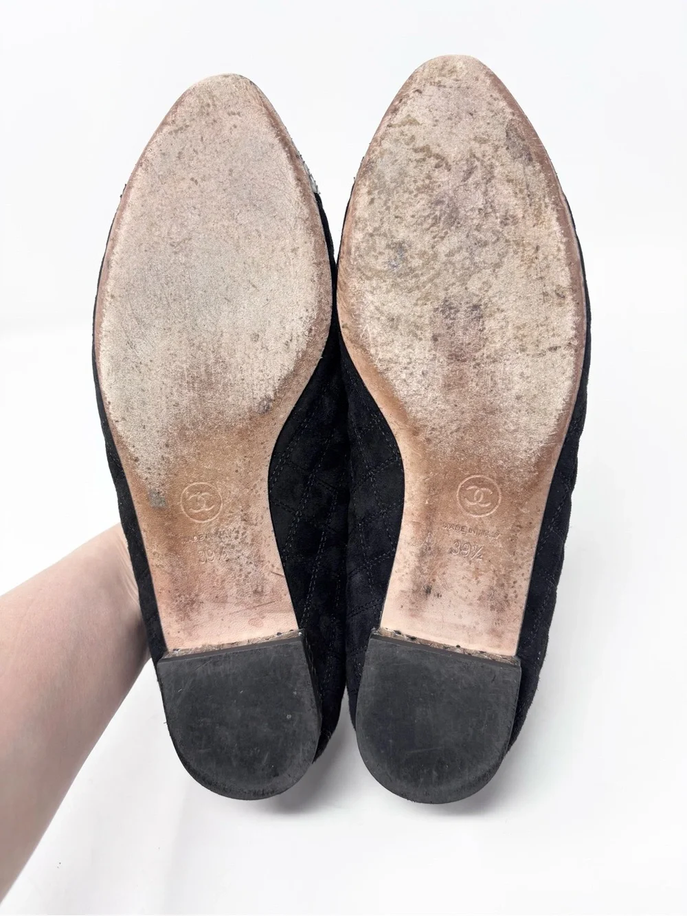 Chanel CC Silver Snakeskin Cap Toe Black Suede Quilted Ballet Flat size 39.5 EU